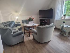ein Wohnzimmer mit Stühlen, einem Tisch und einem TV in der Unterkunft Köster & Hahnemann in Rinteln