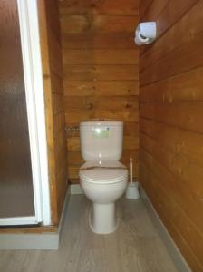 een badkamer met een toilet in een houten muur bij ECOLODGE CABAÑEROS 