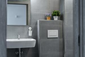 a bathroom with a sink and a mirror at Wenceslas square apartment in Prague