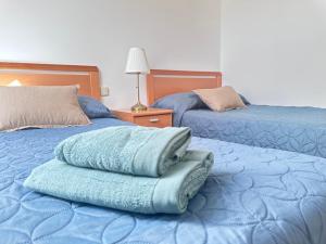 2 camas con mantas azules encima de ellas en Ático Universidad Salamanca (2 dormitorios), en Salamanca