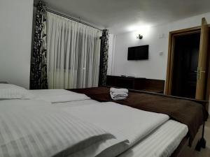 a hotel room with two beds and a television at Craita in Căpăţîneni-Ungureni