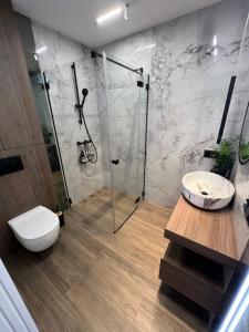 a bathroom with a shower and a toilet and a sink at Mazurskie Niebo Apartamenty in Gołdap