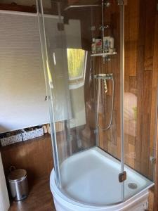 uma casa de banho com um chuveiro e uma banheira branca em Une chambre dans la verdure em Bordeaux-Saint-Clair