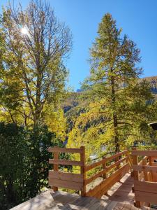 eine Holzbank auf einem Deck mit Bäumen in der Unterkunft Chalet Ailleurs Appartement à Molines en Queyras in Molines-en-Queyras