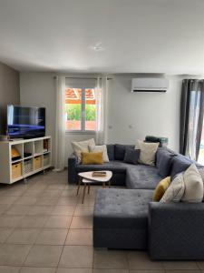 a living room with a blue couch and a tv at Villa piscine confort cosy in Brouilla +4 photos