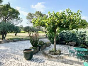 Les oliviers du pradon في Lagarde-Paréol: فناء به شجرة وطاولة وكراسي