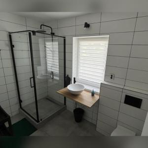 ein Bad mit einer Dusche, einem Waschbecken und einem Waschbecken in der Unterkunft Apartmán Markéta in Lipno nad Vltavou