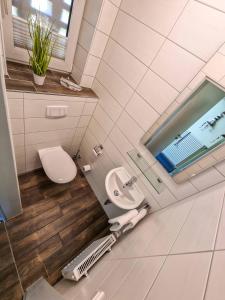ein Bad mit einem WC und einem Waschbecken in der Unterkunft Birgits Huus in Greetsiel