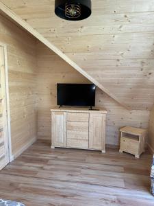 a room with a flat screen tv in a wooden wall at Roomflacja Bałtyk in Sianozety