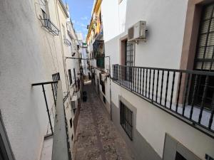 een steeg tussen twee gebouwen met een balkon bij Vivienda en el centro histórico con ascensor in Jaén