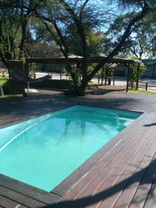 a pool with a wooden deck and a tree at Nako Okavango Guesthouse in Ntabis
