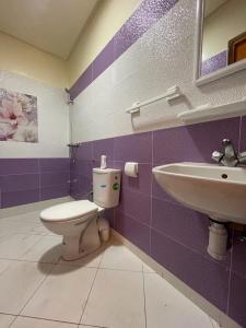 une salle de bains pourpre avec toilettes et lavabo. dans l'établissement Logement entier : Appartement à Agadir, à Agadir