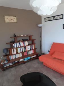 un salon avec un canapé rouge et une étagère avec des livres dans l'établissement Chez Pascal grand T2 de 55m2 indépendant dans villa, à Sausset-les-Pins