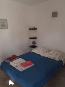 - une chambre dotée d'un lit bleu avec des vêtements dans l'établissement Chez Pascal grand T2 de 55m2 indépendant dans villa, à Sausset-les-Pins