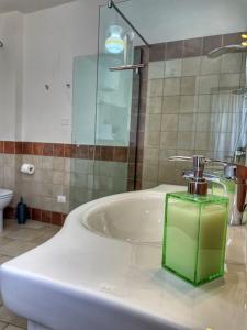 baño con lavabo y dispensador de jabón verde en Casa Nina, en Gonnesa