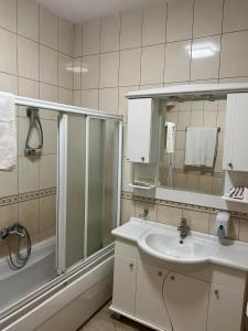 uma casa de banho com um lavatório, um chuveiro e um espelho. em Saint George em Strumica