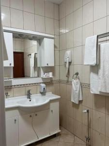 uma casa de banho com lavatório, espelho e toalhas em Saint George em Strumica