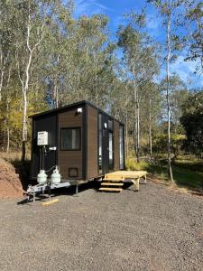 a tiny house sitting in the middle of a forest at Hill Creek 2 Tiny House in Perwillowen
