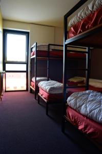 Ce dortoir comprend 2 lits superposés et une fenêtre. dans l'établissement Auberge de Jeunesse de Morlaix, à Morlaix