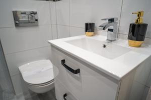 a white bathroom with a toilet and a sink at Ostoja Leśna in Karpacz +6 photos