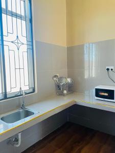 a kitchen with a sink and a window at Mbuyu Uvi Apartment in Paje