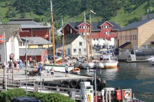 eine Gruppe von Menschen, die auf einem Dock neben einem Yachthafen spazieren in der Unterkunft Skålafjæro 25 in Rosendal