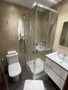 a bathroom with a shower and a toilet and a sink at Amplio piso Duplex en Elorrio. in Elorrio