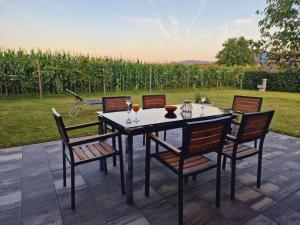 a table and chairs with wine glasses on a patio at Orange house Šempeter in Šempeter v Savinjski Dolini
