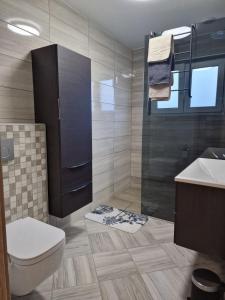 La salle de bains est pourvue de toilettes, d'un lavabo et d'une douche. dans l'établissement Orange house Šempeter, à Šempeter v Savinjski Dolini