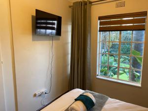 a person laying on a bed in front of a window at Safari Deluxe Rooms - elegant rooms with access to beautiful garden & pool in Roodepoort
