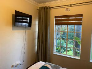 a bedroom with a television and a window at Safari Deluxe Rooms - elegant rooms with access to beautiful garden & pool in Roodepoort