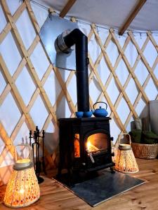 a wood stove in a room with two lights at Glamping Yurt Purvs at Kleja Quiet Camping in Eikaži