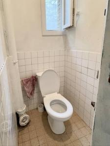 a bathroom with a white toilet with a window at Sur les Toits de Paris in Paris