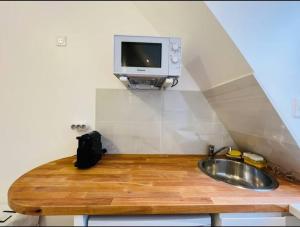 a bathroom with a sink and a tv on the wall at Sur les Toits de Paris in Paris