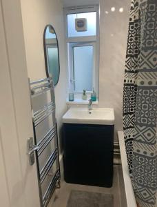 uma casa de banho com um lavatório e um espelho em Karen House R2 em Londres