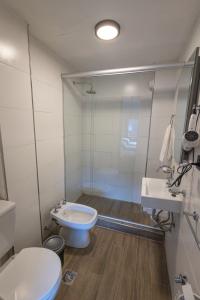 a bathroom with a shower and a toilet and a sink at M383 Hotel Bariloche in San Carlos de Bariloche