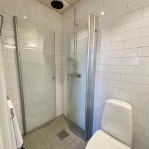 a bathroom with a shower and a toilet at Studion in Falun