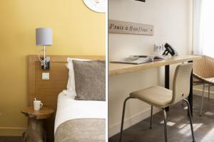 a bedroom with a bed and a desk with a lamp at Hotel Le Dauphin in Honfleur