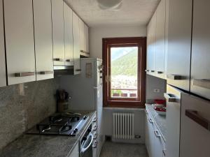 a kitchen with a white refrigerator and a window at L'Atelier du Temps - Sole e Luna in Cogne