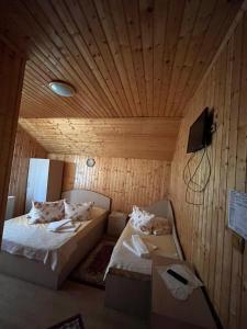 Habitación pequeña con 2 camas y TV. en Pensiunea Valea Frumoasei, en Şugag