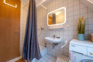 ein kleines Bad mit einem Waschbecken und einer Dusche in der Unterkunft Apartment im Historischen Altbau am Marktplatz - Disney+, 300mb/s Internet in Chemnitz