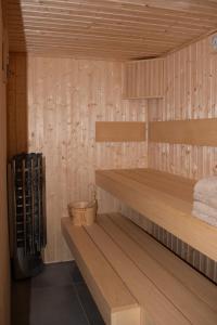 a sauna with wooden shelves in a room at Willa Rustica in Muszyna