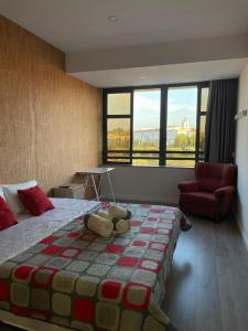 a bedroom with a teddy bear laying on a bed at Cais 54 Apartments in Aveiro