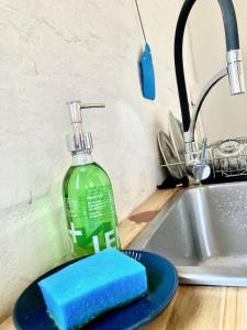 a bottle of soap on a plate next to a sink at Loft on Long in Hermanus