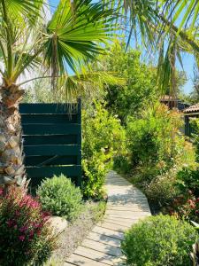 un jardin avec un palmier et un sentier dans l'établissement L'Océanaise, à Soulac-sur-Mer