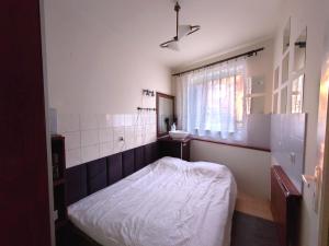 małą sypialnię z łóżkiem i umywalką w obiekcie Apartament Sopocki Park w mieście Sopot