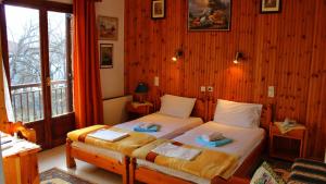 two beds in a room with wooden walls and windows at Zozas Rooms in Kalabaka