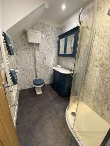 a small bathroom with a shower and a toilet at The Old Warehouse in Blackpool