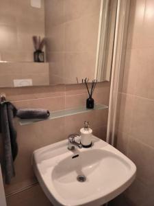 W łazience znajduje się biała umywalka i lustro. w obiekcie BeBu - Apartment w mieście Friedrichshafen