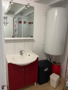 a bathroom with a red sink and a mirror at Maison de vacances in Coufouleux